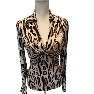 Caché Silk Leopard Print Twist Front Blouse — 90s Glam Stretch Fit Small/Medium